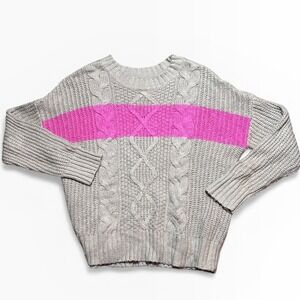 American Eagle‎ Cable Knit Sweater Tan Pink Stripe Medium Cozy Fisherman Baggy